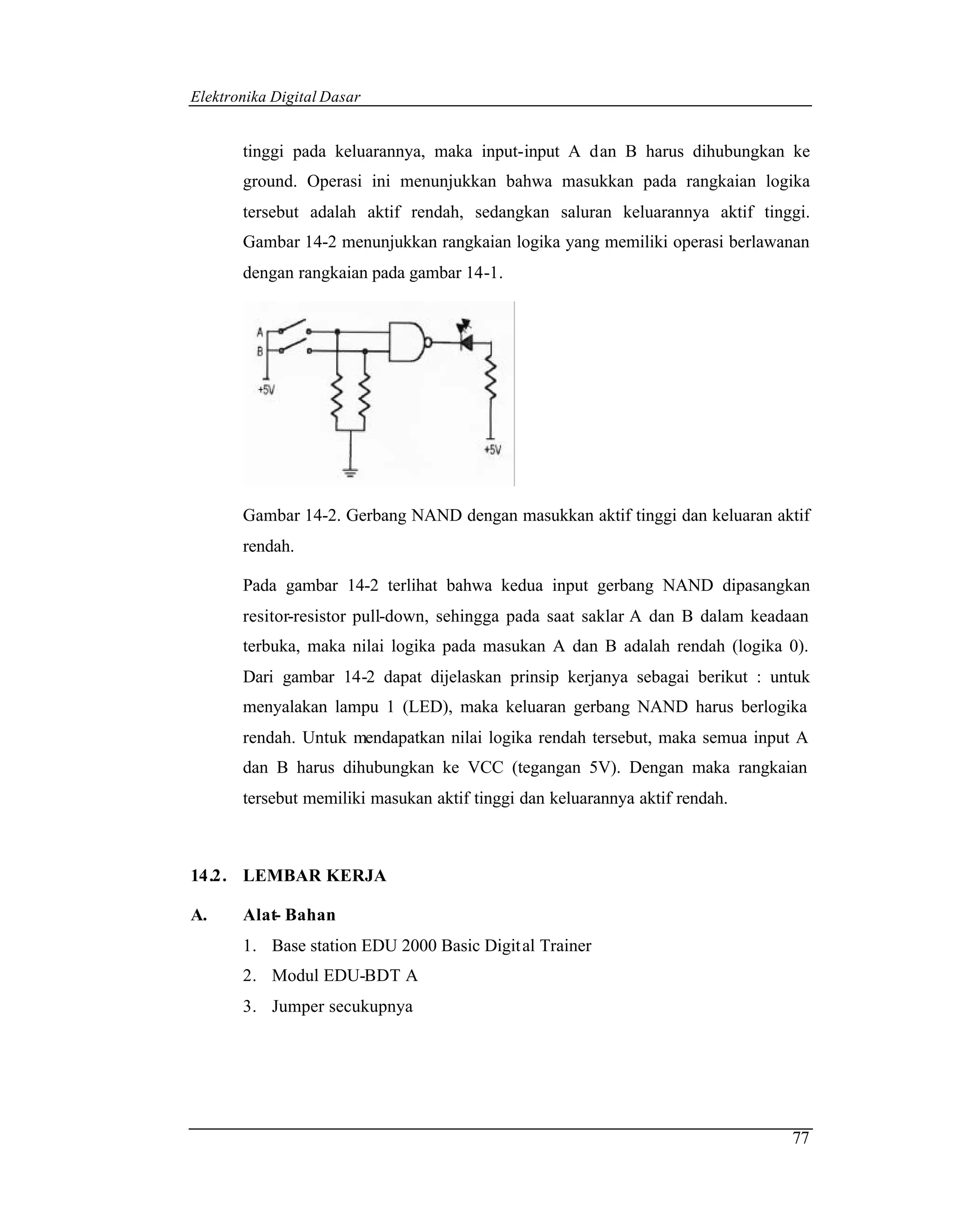 Elektronika Digital Dasar


       tinggi pada keluarannya, maka input-input A dan B harus dihubungkan ke
       ground. Operasi ini menunjukkan bahwa masukkan pada rangkaian logika
       tersebut adalah aktif rendah, sedangkan saluran keluarannya aktif tinggi.
       Gambar 14-2 menunjukkan rangkaian logika yang memiliki operasi berlawanan
       dengan rangkaian pada gambar 14-1.




       Gambar 14-2. Gerbang NAND dengan masukkan aktif tinggi dan keluaran aktif
       rendah.

       Pada gambar 14-2 terlihat bahwa kedua input gerbang NAND dipasangkan
       resitor-resistor pull-down, sehingga pada saat saklar A dan B dalam keadaan
       terbuka, maka nilai logika pada masukan A dan B adalah rendah (logika 0).
       Dari gambar 14-2 dapat dijelaskan prinsip kerjanya sebagai berikut : untuk
       menyalakan lampu 1 (LED), maka keluaran gerbang NAND harus berlogika
       rendah. Untuk mendapatkan nilai logika rendah tersebut, maka semua input A
       dan B harus dihubungkan ke VCC (tegangan 5V). Dengan maka rangkaian
       tersebut memiliki masukan aktif tinggi dan keluarannya aktif rendah.



14.2. LEMBAR KERJA

A.     Alat- Bahan
       1. Base station EDU 2000 Basic Digit al Trainer
       2. Modul EDU-BDT A
       3. Jumper secukupnya




                                                                               77
 