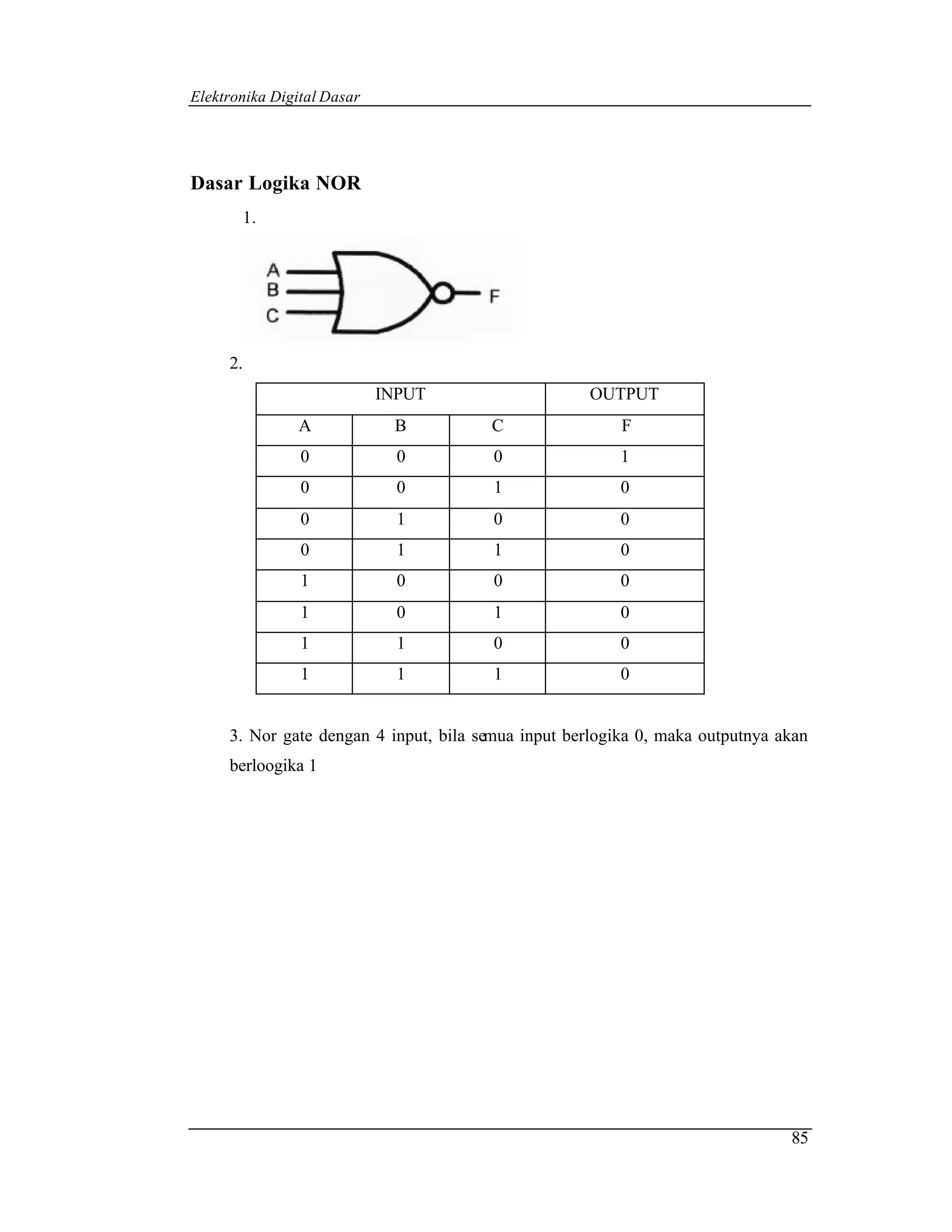 Elektronika Digital Dasar




Dasar Logika NOR
       1.




     2.
                            INPUT                   OUTPUT
               A             B         C                 F
                0             0         0                1
                0             0         1                0
                0             1         0                0
                0             1         1                0
                1             0         0                0
                1             0         1                0
                1             1         0                0
                1             1         1                0


     3. Nor gate dengan 4 input, bila semua input berlogika 0, maka outputnya akan
     berloogika 1




                                                                               85
 