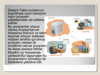 • Distant Təlim kurslarının
keçirilməsi üçün həmçinin
hazır proqram
paketlərindən də istifadə
edirlər.
• Bu proqramlar xüsusi
olaraq müştəri/server
hissəsinə bölünür və təlim
keçmək istəyən tələbələr
müştəri tərəfdə qurulmuş
proqram vastəsi ilə
müəllimin server proqramı
ilə əlaqə saxlaya bilirlər.
• Müəllim öz hissəsində
yerləşdirdiyi tapşırıqları bu
proqramların köməkliyi ilə
tələbələrə çatddıra bilir.
 
