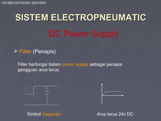 VIS MECHATRONIC SDN BHD
SISTEM ELECTROPNEUMATICSISTEM ELECTROPNEUMATIC
 Filter (Penapis)
DC Power Supply
Filter berfungsi dalam power supply sebagai penapis
gangguan arus terus.
Simbol Capacitor Arus terus 24v DC
 