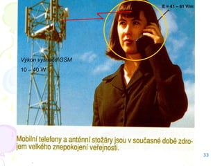 E = 41 – 61 V/m




Výkon vysílače GSM
10 – 40 W




                                       33
 