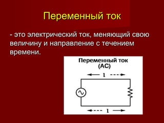 Переменный токПеременный ток
-- это электрический ток, меняющий своюэто электрический ток, меняющий свою
величину и направление с течениемвеличину и направление с течением
времени.времени.
 