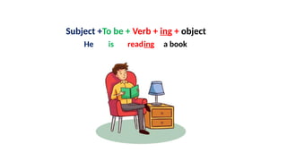 Subject +To be + Verb + ing + object
He is reading a book
 