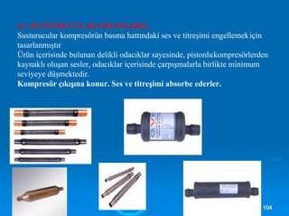 11- SUSTURUCULAR (MUFFLERS)
Susturucular kompresörün basma hattındaki ses ve titreşimi engellemekiçin
tasarlanmıştır
Ürün içerisinde bulunan delikli odacıklar sayesinde, pistonlukompresörlerden
kaynaklı oluşan sesler, odacıklar içerisinde çarpışmalarla birlikte minimum
seviyeye düşmektedir.
Kompresör çıkışına konur. Ses ve titreşimi absorbe ederler.
110044
 