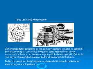 Turbo (Santrifüj) Kompresörler
Bu kompresörlerde sıkıştırma dönen çark çevresindeki kanatlar ile sağlanır.
Bir çarkta yaklaşık 1.2 oranında sıkıştırma sağlanabildiğinden büyük
sıkıştırma oranlarında, art arda çok sayıda çark kullanmak gerekli. Çok fazla
çark sayısı istenmediğinden dolayı kademeli kompresörler kullanılır.
Turbo kompresörler düşük basınçlı ve yüksek debili sistemlerde kullanılır.
kademe sayısı artırılmaktadır.1177
 