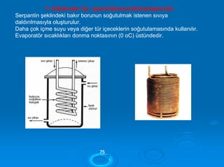 7- Daldırmalı Tip (spiral Borulu) Buharlaştırcılar:
Serpantin şeklindeki bakır borunun soğutulmak istenen sıvıya
daldırılmasıyla oluşturulur.
Daha çok içme suyu veya diğer tür içeceklerin soğutulamasında kullanılır.
Evaporatör sıcaklıkları donma noktasının (0 oC) üstündedir.
7755
 