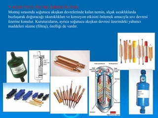 7- KURUTUCU FİLTRE (DRIER FILTER)
Montaj sırasında soğutucu akışkan devrelerinde kalan nemin, alçak sıcaklıklarda
buzlaşarak doğuracağı tıkanıklıkları ve korozyon etkisini önlemek amacıyla sıvı devresi
üzerine konulur. Kurutucuların, ayrıca soğutucu akışkan devresi üzerindeki yabancı
maddeleri süzme (filtraj), özelliği de vardır.
9977
 
