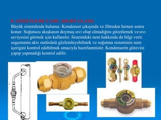 8- GÖZETLEME CAMI (SIGHT GLASS)
Büyük sistemlerde bulunur. Kondenser çıkışında ve filtreden hemen sonra
konur. Soğutucu akışkanın doymuş sıvı olup olmadığını gözetlemek vesıvı
seviyesini görmek için kullanılır. Sistemdeki nem hakkında da bilgi verir.
sogumanin akis statüsünü gözlemleyebilmek ve soğutma sisteminin nem
içerigini kontrol edebilmek amaciyla hazirlanmistir. Kondenserin görevini
yapıp yapmadığı kontrol edilir.
9999
 