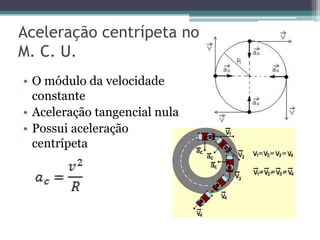 Aceleração centrípeta no
M. C. U.
• O módulo da velocidade
constante
• Aceleração tangencial nula
• Possui aceleração
centrípeta
 