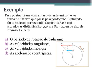 Exemplo
Dois pontos giram, com um movimento uniforme, em
torno de um eixo que passa pelo ponto zero. Efetuando
duas rotações por segundo. Os pontos A e B estão
situados as distâncias Ra= 3,0 m e RB = 2,0 m do eixo de
rotação. Calcule:
a) O período de rotação de cada um;
b) As velocidades angulares;
c) As velocidade lineares;
d) As acelerações centrípetas.
 