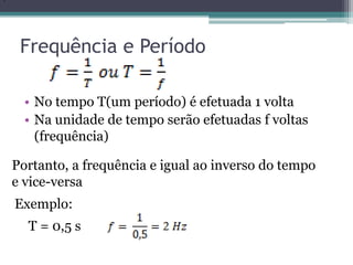 Frequência e Período
• No tempo T(um período) é efetuada 1 volta
• Na unidade de tempo serão efetuadas f voltas
(frequência)
f
Portanto, a frequência e igual ao inverso do tempo
e vice-versa
Exemplo:
T = 0,5 s
 