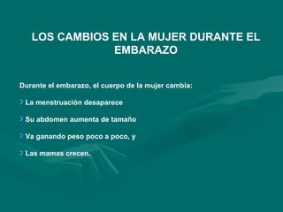 LOS CAMBIOS EN LA MUJER DURANTE EL EMBARAZO Durante el embarazo, el cuerpo de la mujer cambia: La menstruación desaparece  Su abdomen aumenta de tamaño Va ganando peso poco a poco, y  Las mamas crecen. 