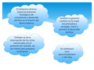 El embarazo alcanza
todos los procesos
fisiológicos de
crecimiento y desarrollo
del feto en el interior del
útero materno
También se generan
cambios en la mujer
encaminados a
proteger, nutrir y
permitir el desarrollo
del feto
También se da la
interrupción de los ciclos
menstruales y/o el
aumento de l tamaño de
las mamas para preparar
la lactancia
Un embarazo
dura
aproximadament
e 280 días
 