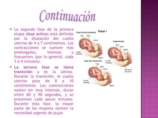 La segunda fase de la primera etapa ( fase activa ) está definida por la dilatación del cuello uterino de 4 a 7 centímetros. Las contracciones se vuelven más prolongadas, intensas y frecuentes (por lo general, cada 3 ó 4 minutos). La tercera fase se llama transición  y es la última. Durante la transición, el cuello uterino pasa de 8 a 10 centímetros. Las contracciones suelen ser muy intensas, duran entre 60 y 90 segundos, y se presentan cada pocos minutos. Durante esta fase, la mayor parte de las mujeres sienten la necesidad urgente de pujar. Continuación 