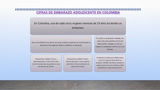 CIFRAS DE EMBARAZO ADOLESCENTE EN COLOMBIA
En Colombia, una de cada cinco mujeres menores de 19 años ha tenido un
embarazo.
Hay una incidencia muy alta en las zonas rurales en general y en la Orinoquia, la
Amazonia y las regiones Pacífica y Atlántica, en particular.
Buenaventura, Quibdó, Tumaco,
Barrancabermeja y Turbo tienen tasas
mucho más altas que las grandes en casos
de menores de 19 años.
Buenaventura, Quibdó, Tumaco,
Barrancabermeja y Turbo registran
alarmantes cifras de embarazos en
menores de 14 años.
En cuanto a las grandes ciudades, los
casos más preocupantes son los de
Barranquilla, Cartagena y Cali con
respecto a embarazos entre los 15 y los
19 años.
El Ministerio de Educación (MEN) estima
que en el conjunto del territorio se
producen 150.000 nacimientos anuales en
madres entre los 15 y los 19 años y 6.500
nacimientos en niñas menores de 14.
 