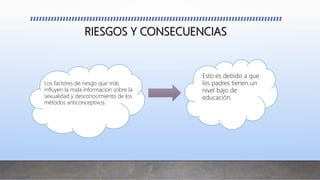 RIESGOS Y CONSECUENCIAS
Los factores de riesgo que más
influyen la mala información sobre la
sexualidad y desconocimiento de los
métodos anticonceptivos.
Esto es debido a que
los padres tienen un
nivel bajo de
educación.
 