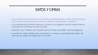 DATOS Y CIFRAS
• Unos 16 millones de muchachas de 15 a19 años y aproximadamente 1 millón de niñas menores
de 15 años dan a luz cada año, la mayoría en países de ingresos bajos y medianos.
• Las complicaciones durante el embarazo y el parto son la segunda causa de muerte entre las
muchachas de 15 a19 años en todo el mundo.
• Cada año, unos 3 millones de muchachas de 15 a 19 años se someten a abortos peligrosos.
• Los bebés de madres adolescentes se enfrentan a un riesgo considerablemente superior de
morir que los nacidos de mujeres de 20 a 24 años.
 