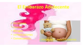 El Embarazo Adolecente
• Incidencia
• Causas
• Riesgos
• complicaciones
• Consecuencia • POSGRADISTA :ANGELICA SANCHEZ.
 