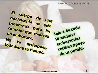 El cuerpo de una adolescente no esta preparado para los cambios que conlleva un embarazo.No te arriesgues, todo tiene su tiempo.Gabriela Trelles9Solo 3 de cada 10 mujeres embarzadas reciben apoyo de su pareja.
