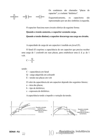SENAI - RJ
112 10 Resistência, Indultância
e Capacitância
Os condutores são chamados “placas do
capacitor”, e o isolante “dielétrico”.
Esquematicamente, os capacitores são
representados por um dos símbolos à esquerda.
O capacitor funciona num circuito elétrico da seguinte forma:
Quando a tensão aumenta, o capacitor acumula carga.
Quando a tensão diminui, o capacitor descarrega sua carga no circuito.
A capacidade de carga de um capacitor é medida em farad (F).
O farad (F) exprime a capacitância de um capacitor que precisa receber
uma carga de 1 coulomb em suas placas, para estabelecer uma d. d. p. de 1
volt.
C =
Q
E
sendo:
C – capacitância em farad
Q – carga adquirida em coloumb
E – tensão nas placas em volt
O valor da capacitância de um capacitor depende dos seguintes fatores:
a – área das placas;
b – tipo de dielétrico;
c – espessura do dielétrico.
A capacitância tende a impedir a variação da tensão.
Quando a tensão
aumenta, a
capacitância tende a
reduzi-la.
Quando a tensão
diminui, a
capacitância tende a
aumentá-la.
tensão
capacitância
tensão
capacitância
 