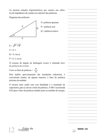 SENAI - RJ
133
12 Fator de
Potência
As mesmas relações trigonométricas que usamos nos cálcu-
los da impedância são usadas nos cálculos das potências.
Diagrama das potências
S= potência aparente
P = potência real
Q = potência reativa
S =
S = E. I
Q = S. sen ϕ
P = E. I. cos ϕ
O cosseno do ângulo de defasagem (cosα) é chamado fator
de potência do circuito.
Cosα ou fator de potência =
P
S
Para melhor aproveitamento das instalações industriais, é
conveniente manter, de alguma maneira, o fator de potência
próximo da unidade.
O recurso mais usado com essa finalidade é a instalação de
capacitores, para se elevar o fator de potência. A NB-3 recomenda
0,92 para o fator da potência medido junto ao medidor de energia.
Q
S
P
ϕ
 