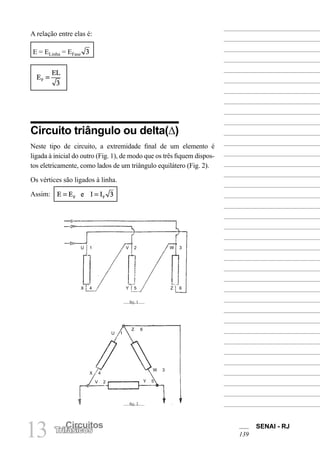 SENAI - RJ
139
13 Circuitos
Trifásicos
A relação entre elas é:
E = ELinha = EFase
Circuito triângulo ou delta(∆)
Neste tipo de circuito, a extremidade final de um elemento é
ligada à inicial do outro (Fig. 1), de modo que os três fiquem dispos-
tos eletricamente, como lados de um triângulo equilátero (Fig. 2).
Os vértices são ligados à linha.
Assim:
X 4 Y 5 Z 6
U 1 V 2 W 3
U 1
X 4
V 2 Y 5
W 3
Z 6
fig. 1
fig. 2
 