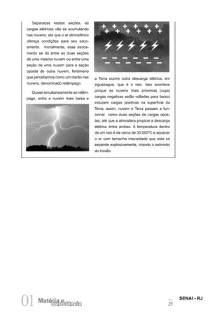 SENAI - RJ
25
01Matéria e
Substância
Separadas nestas seções, as
cargas elétricas vão se acumulando
nas nuvens, até que o ar atmosférico
ofereça condições para seu esco-
amento. Inicialmente, esse escoa-
mento se dá entre as duas seções
de uma mesma nuvem ou entre uma
seção de uma nuvem para a seção
oposta de outra nuvem, fenômeno
que percebemos como um clarão nas
nuvens, denominado relâmpago.
Quase simultaneamente ao relâm-
pago, entre a nuvem mais baixa e
– – – – – –
– – – – – –
+ + + + + +
+ + + + + +
a Terra ocorre outra descarga elétrica, em
ziguezague, que é o raio. Isso acontece
porque as nuvens mais próximas (cujas
cargas negativas estão voltadas para baixo)
induzem cargas positivas na superfície da
Terra; assim, nuvem e Terra passam a fun-
cionar como duas seções de cargas opos-
tas, até que a atmosfera propicie a descarga
elétrica entre ambas. A temperatura dentro
de um raio é de cerca de 30.000ºC e aquecer
o ar com tamanha intensidade que este se
expande explosivamente, criando o estrondo
do trovão.
 