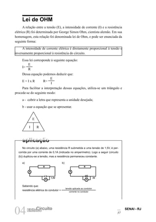 SENAI - RJ
57
04 Circuito
Elétrico
Lei de OHM
A relação entre a tensão (E), a intensidade de corrente (I) e a resistência
elétrica (R) foi determinada por George Simon Ohm, cientista alemão. Em sua
homenagem, esta relação foi denominada lei de Ohm, e pode ser enunciada da
seguinte forma:
A intensidade de corrente elétrica é diretamente proporcional à tensão e
inversamente proporcional à resistência do circuito.
Essa lei corresponde à seguinte equação:
I=
Ε
R
Dessa equação podemos deduzir que:
E = I x R R=
Ε
I
Para facilitar a interpretação dessas equações, utiliza-se um triângulo e
procede-se do seguinte modo:
a - cobrir a letra que representa a unidade desejada;
b - usar a equação que se apresentar.
E
I R
No circuito (a) abaixo, uma resistência R submetida a uma tensão de 1,5V, é per-
corrida por uma corrente de 0,1A (indicada no amperímetro). Logo a seguir (circuito
(b)) duplicou-se a tensão, mas a resistência permaneceu constante.
a) b)
Sabendo que:
resistência elétrica do condutor =
tensão aplicada ao condutor
corrente no condutor
A
V
R
1,5V
A
V
R
3V
 