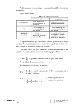 SENAI - RJ
62 04 Circuito
Elétrico
As diferenças são três e se referem à corrente elétrica, à ddp e á resistência
equivalente.
Veja o quadro abaixo.
Diferenças entre as associações
em série em paralelo
corrente elétrica
não se divide ao per-
correr os resistores da
associação.
divide-se ao percorrer os
resistores da associação.
ddp
a ddp da associação
é a soma da ddp de
cada resistor.
a ddp da associação tem
o mesmo valor da ddp de
cada resistor.
resistência
equivalente
é a soma das
resistências individuais
da associação.
o inverso da resistência
equivalente é a soma do
inverso das resistências
individuais da associação.
É importante lembrar que a resistência diminui, quando a seção (mm2)
aumenta. Podemos notar que, quando ligamos um conjunto em paralelo, esta-
mos somando as seções dos resistores do conjunto.
Deduzimos, então, que, para conhecer a resistência equivalente de um
conjunto em paralelo, podemos usar uma das três equações abaixo:
1) Re =
R
Rn
⇒ quando os resistores forem de igual valor, sendo:
R – resistência de um dos resistores.
Rn – quantidade de resistores do conjunto.
2) Re = ⇒
R13R2
R11R2
quando o conjunto for de dois resistores, de valores
distintos;
3)
1
Re = ⇒
1
R1
1
R2
1
R3
1 1 1 ... 1 ...
para qualquer número de
resistores no conjunto.
 