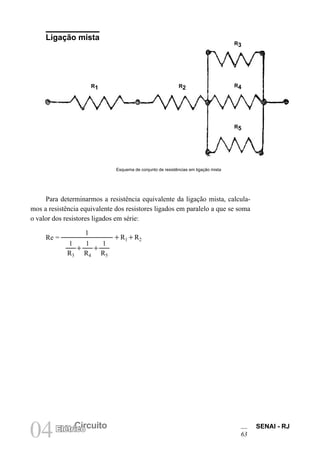 SENAI - RJ
63
04 Circuito
Elétrico
Ligação mista
Para determinarmos a resistência equivalente da ligação mista, calcula-
mos a resistência equivalente dos resistores ligados em paralelo a que se soma
o valor dos resistores ligados em série:
1
Re = 1R11R2
1
R3
1
R4
1
R5
1 1
Esquema de conjunto de resistências em ligação mista
R1 R2 R4
R3
R5
 