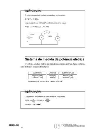 SENAI - RJ
68 05Potência em
Corrente Contínua
O motor representado no diagrama ao lado funciona com:
E= 12 V e I= 2,5A.
Logo, sua potência elétrica (P) será calculada como segue:
P=E.I ⇒ P= 12 x 2,5 ∴ P= 30W
Sistema de medida da potência elétrica
O watt é a unidade padrão de medida da potência elétrica. Tem, portanto,
seus múltiplos e seus submúltiplos
MÚLTIPLOS UNIDADE SUBMÚLTIPLOS
Megawatt (MW) Watt (W) Miliwatt (mW)
Quilowatt ( kW) Watt(W) Microwatt (µW)
1 quilowatt (kW) = 1 000 W ou 1 watt = 0,001kW
Que potência em kW tem um consumidor de 3 500 watt?
w
1000
P(kW) = ⇒ P(kW) =
3500
1000
Portanto, P = 3,5 kW
E=12V
–
A
V
I=2,5A
M
+
 