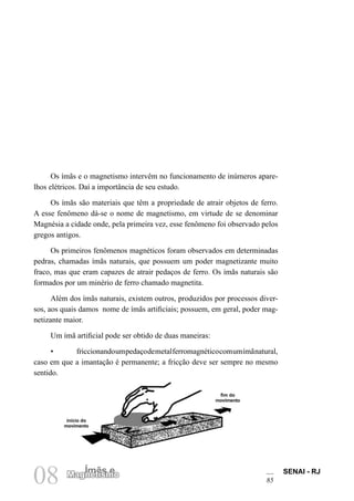 SENAI - RJ
85
08 Ímãs e
Magnetismo
Os ímãs e o magnetismo intervêm no funcionamento de inúmeros apare-
lhos elétricos. Daí a importância de seu estudo.
Os ímãs são materiais que têm a propriedade de atrair objetos de ferro.
A esse fenômeno dá-se o nome de magnetismo, em virtude de se denominar
Magnésia a cidade onde, pela primeira vez, esse fenômeno foi observado pelos
gregos antigos.
Os primeiros fenômenos magnéticos foram observados em determinadas
pedras, chamadas ímãs naturais, que possuem um poder magnetizante muito
fraco, mas que eram capazes de atrair pedaços de ferro. Os ímãs naturais são
formados por um minério de ferro chamado magnetita.
Além dos ímãs naturais, existem outros, produzidos por processos diver-
sos, aos quais damos nome de ímãs artificiais; possuem, em geral, poder mag-
netizante maior.
Um ímã artificial pode ser obtido de duas maneiras:
• friccionandoumpedaçodemetalferromagnéticocomumímãnatural,
caso em que a imantação é permanente; a fricção deve ser sempre no mesmo
sentido.
início do
movimento
fim do
movimento
 