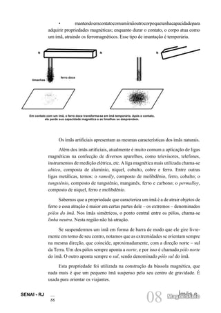 SENAI - RJ
86 08 Ímãs e
Magnetismo
Magnetismo
• mantendoemcontatocomumímãoutrocorpoquetenhacapacidadepara
adquirir propriedades magnéticas; enquanto durar o contato, o corpo atua como
um ímã, atraindo os ferromagnéticos. Esse tipo de imantação é temporária.
Os ímãs artificiais apresentam as mesmas características dos ímãs naturais.
Além dos ímãs artificiais, atualmente é muito comum a aplicação de ligas
magnéticas na confecção de diversos aparelhos, como televisores, telefones,
instrumentos de medição elétrica, etc.Aliga magnética mais utilizada chama-se
alnico, composta de alumínio, níquel, cobalto, cobre e ferro. Entre outras
ligas metálicas, temos: o ramolly, composto de molibdênio, ferro, cobalto; o
tungstênio, composto de tungstênio, manganês, ferro e carbono; o permalloy,
composto de níquel, ferro e molibdênio.
Sabemos que a propriedade que caracteriza um ímã é a de atrair objetos de
ferro e essa atração é maior em certas partes dele – os extremos – denominados
pólos do ímã. Nos ímãs simétricos, o ponto central entre os pólos, chama-se
linha neutra. Nesta região não há atração.
Se suspendermos um ímã em forma de barra de modo que ele gire livre-
mente em torno de seu centro, notamos que as extremidades se orientam sempre
na mesma direção, que coincide, aproximadamente, com a direção norte – sul
da Terra. Um dos pólos sempre aponta a norte, e por isso é chamado pólo norte
do ímã. O outro aponta sempre o sul, sendo denominado pólo sul do ímã.
Esta propriedade foi utilizada na construção da bússola magnética, que
nada mais é que um pequeno ímã suspenso pelo seu centro de gravidade. É
usada para orientar os viajantes.
Em contato com um ímã, o ferro doce transforma-se em ímã temporário. Após o contato,
ele perde sua capacidade magnética e as limalhas se desprendem.
N N
limanhas
ferro doce
N
 