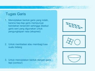 Tugas Garis
1. Menciptakan bentuk garis yang indah,
karena tiap-tiap garis mempunyai
keindahan tersendiri sehingga disebut
garis seni yang digunakan untuk
pengungkapan rasa (ekspresi)
2. Untuk membatasi atau membagi luas
suatu bidang
3. Untuk menciptakan bentuk dengan garis
tepi (contour)
 