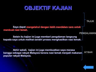 OBJEKTIF KAJIAN
TAJUK

Saya dapat mengetahui dengan lebih mendalam cara untuk
membuat nasi lemak.
PENGALAMAN
Selain itu kajian ini juga memberi pengalaman langsung
kepada saya untuk melihat sendiri proses menghasilkan nasi lemak.

Akhir sekali, kajian ini juga membuatkan saya merasa
bangga sebagai rakyat Malaysia kerana nasi lemak menjadi makanan IKTIBAR
popular rakyat Malaysia.

 