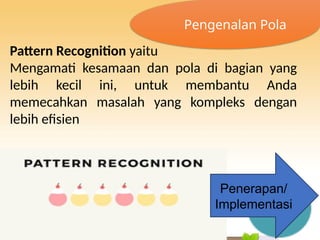 Pattern Recognition yaitu
Mengamati kesamaan dan pola di bagian yang
lebih kecil ini, untuk membantu Anda
memecahkan masalah yang kompleks dengan
lebih efisien
Pengenalan Pola
Penerapan/
Implementasi
 