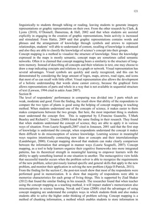 121
linguistically to students through talking or reading, leaving students to generate imagery
representations or graphic representations on their own. From the other research by Clark, &
Lyons (2010), O‟Donnell, Dansereau, & Hall, 2002 said that when students are assisted
explicitly in engaging in the creation of graphic representations, brain activity is increased
and stimulated. From Hattie, 2009 said that graphic representations contains words and
phrases and the arrangement of knowledge through symbols and arrows to represent
relationships, students‟ will able to understand of content, recalling of knowledge is enhanced
and also they are able to classify the knowledge of science‟s concept into their groups.
Concept mapping is a method to visualize the structure of knowledge. Since the knowledge
expressed in the maps is mostly semantic, concept maps are sometimes called semantic
networks. Often it is claimed that concept mapping bears a similarity to the structure of long-
term memory. Instead of describing all concepts and their relations in text, one may choose to
draw a map indicating concepts and relations in a graph or network. Visual representation has
several advantages. Visual symbols are quickly and easily recognized, and this can be
demonstrated by considering the large amount of logos, maps, arrows, road signs, and icons
that most of us can recall with little effort. Visual representation also allows the development
of a holistic understanding that words alone cannot convey, because the graphical form
allows representations of parts and whole in a way that is not available in sequential structure
of text (Lawson, 1994 cited in askin Asan 2007).
Section B
The level of respondents‟ performance in comparing was divided into 3 parts which are
weak, moderate and good. From the finding, the result show that ability of the respondents to
compare the two types of plants is good using the helping of concept mapping in teaching
method. When students understand one of the concepts of science, it makes easier to them
makes comparisons between the two groups. But here, the most important thing is students
must understand the concept first. This is supported by E.Francine Guastello, T.Mark
Beasley and Richard C. Sinatra (2000) found the same finding in their research. They found
that when students understand the concept of science, they are able to apply it in various
ways of situation. From Laurie Scagnelli,2007 cited in Jonassen, 2001 said that the first step
of knowledge is understand the concept, when respondents understand the concept it makes
them difficult to do misconception of science knowledge. Learning science in meaningful
ways requires intentionally connecting new ideas or concepts and their interrelationships
(Landsberger, 2000). Concept mapping showed that students can make clearly comparison
between the information that arranged in manner ways (Laurie Scagnelli, 2007). Concept
mapping, as a tool to help learners organize their cognitive frameworks into more integrated
patterns, has its theoretical strength in meaningful learning to empower learners with the
ability to apply something learned in one situation to another. The metacognitive view holds
that successful transfer occurs when the problem solver is able to recognize the requirements
of the new problem, select previously learned specific and general skills that apply to the new
problem, and monitor their application in solving the new problem (Ajaja O.Patrick, 2011).
From the finding for the section C, the post-test result show that most of the respondents were
performed good in memorization. It is show that majority of respondents were able to
memorize characteristics for each group of living things. This is supported by Ziad Shaker
(2012) that found the similar finding in his research. The researcher found that when teacher
using the concept mapping as a teaching method, it will impact student‟s memorization also
misconceptions in science learning. Novak and Canas (2008) cited the advantages of using
concept mapping are understand the complex ways in which students think and also makes
students able to solve the higher order thinking of problem solving. Concept mapping is a
method of chunking information, a method which enables students to store information in
 