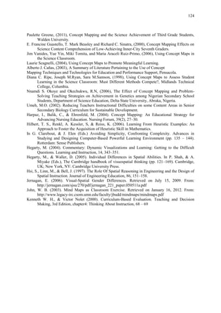 124
Paulette Greene, (2011), Concept Mapping and the Science Achievement of Third Grade Students,
Walden University.
E. Francine Guastello, T. Mark Beasley and Richard C. Sinatra, (2000), Concept Mapping Effects on
Science Content Comprehension of Low-Achieving Inner-City Seventh Graders.
Jim Vanides, Yue Yin, Miki Tomita, and Maria Araceli Ruiz-Primo, (2006), Using Concept Maps in
the Science Classroom.
Laurie Scagnelli, (2004), Using Concept Maps to Promote Meaningful Learning.
Alberto J. Cañas, (2003), A Summary of Literature Pertaining to the Use of Concept
Mapping Techniques and Technologies for Education and Performance Support, Pensacola.
Diana C. Ripe, Joseph M.Ryan, Sara M.Samson, (1998), Using Concept Maps to Assess Student
Learning in the Science Classroom: Must Different Methods Compete?, Midlands Technical
College, Columbia.
Nnamdi S. Okoye and Okechukwu, R.N, (2006), The Effect of Concept Mapping and Problem-
Solving Teaching Strategies on Achievement in Genetics among Nigerian Secondary School
Students, Department of Science Education, Delta State University, Abraka, Nigeria.
Umeh, M.O. (2002). Reducing Teachers Instructional Difficulties on some Content Areas in Senior
Secondary Biology Curriculum for Sustainable Development.
Harpaz, I., Balik, C., & Ehrenfeld, M. (2004). Concept Mapping: An Educational Strategy for
Advancing Nursing Education. Nursing Forum, 39(2), 27–30.
Hilbert, T. S., Renkl, A. Kessler, S, & Reiss, K. (2006). Learning From Heuristic Examples: An
Approach to Foster the Acquisition of Heuristic Skill in Mathematics.
In G. Clarebout, & J. Elen (Eds.) Avoiding Simplicity, Confronting Complexity. Advances in
Studying and Designing Computer-Based Powerful Learning Environment (pp. 135 – 144).
Rotterdam: Sense Publishers.
Hegarty, M. (2004). Commentary: Dynamic Visualizations and Learning: Getting to the Difficult
Questions. Learning and Instruction, 14, 343–351.
Hegarty, M., & Waller, D. (2005). Individual Differences in Spatial Abilities. In P. Shah, & A.
Miyake (Eds.), The Cambridge handbook of visuospatial thinking (pp. 121–169). Cambridge,
UK; New York, NY: Cambridge University Press.
Hsi, S., Linn, M., & Bell, J. (1997). The Role Of Spatial Reasoning in Engineering and the Design of
Spatial Instruction. Journal of Engineering Education, 86, 151–158.
Jernagan, E. (2006). Visual-Spatial Gender Differences. Retrieved on July 15, 2009. From:
http://jernagan.com/sjsu/270/pdf/jernagan_221_paper.050511a.pdf
John, W. B. (2003). Mind Maps as Classroom Exercise. Retrieved on January 16, 2012. From:
http://www.legacy-irc.csom.umn.edu/faculty/jbudd/mindmaps/mindmaps.pdf
Kenneth W. H., & Victor Nolet (2000). Curriculum-Based Evaluation. Teaching and Decision
Making, 3rd Edition, chapter4: Thinking About Instruction, 68 – 69
 