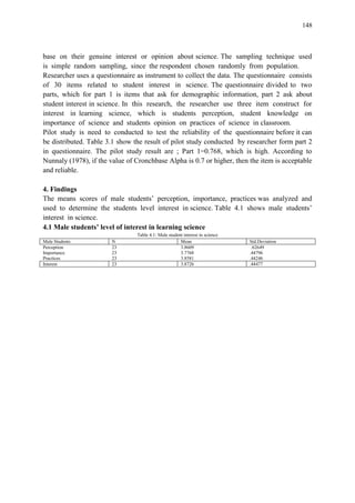 148
base on their genuine interest or opinion about science. The sampling technique used
is simple random sampling, since the respondent chosen randomly from population.
Researcher uses a questionnaire as instrument to collect the data. The questionnaire consists
of 30 items related to student interest in science. The questionnaire divided to two
parts, which for part 1 is items that ask for demographic information, part 2 ask about
student interest in science. In this research, the researcher use three item construct for
interest in learning science, which is students perception, student knowledge on
importance of science and students opinion on practices of science in classroom.
Pilot study is need to conducted to test the reliability of the questionnaire before it can
be distributed. Table 3.1 show the result of pilot study conducted by researcher form part 2
in questionnaire. The pilot study result are ; Part 1=0.768, which is high. According to
Nunnaly (1978), if the value of Cronchbase Alpha is 0.7 or higher, then the item is acceptable
and reliable.
4. Findings
The means scores of male students‟ perception, importance, practices was analyzed and
used to determine the students level interest in science. Table 4.1 shows male students‟
interest in science.
4.1 Male students’ level of interest in learning science
Table 4.1: Male student interest in science
Male Students N Mean Std.Deviation
Perception 23 3.8609 .62649
Importance 23 3.7768 .44796
Practices 23 3.8581 .44246
Interest 23 3.8726 .44477
 