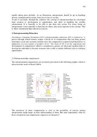 156
rapidly taking place globally. As an illustration, entrepreneurs should be apt in handling
diverse communications means, from face to face to on-line.
To put it succinctly, through the centuries, the concept of entrepreneurship has developed
from creation to development to opportunities and skills in handling the worldly
advancement. It is basically to be able to put ideas into action. For some, being an
entrepreneurs comes naturally to them but for others, they need exposure to the concept. This
is where entrepreneurship education comes in.
2. Entrepreneurship Education
According a European Document (2011) entrepreneurship education (EE) is defined as “a
process through which learners acquire a broad set of competencies that can bring greater
individual, social and economic benefits since the competencies acquired lend themselves to
application in every aspects of people‟s lives.” The focus of EE is on the acquisition and
development of competencies which is considered as generic yet when put together helps to
develop the individual to become someone who is able to initiate different ways to realizing
opportunities.
2.1 Entrepreneurship competencies
The entrepreneurial competencies are succinctly presented in the following graphic, which is
taken from the work of Nassif (2004).
The awareness of these competencies is vital as the possibility of success among
entrepreneurs might hinge on their understanding of them. But more importantly, what do
these conceptions and competencies suggest to us educators?
 