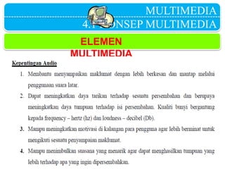 MULTIMEDIA
4.1 KONSEP MULTIMEDIA
ELEMEN
MULTIMEDIA
 