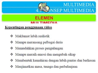 MULTIMEDIA
4.1 KONSEP MULTIMEDIA
ELEMEN
MULTIMEDIA
 
