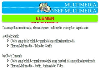 MULTIMEDIA
4.1 KONSEP MULTIMEDIA
ELEMEN
MULTIMEDIA
 