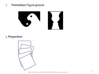 i. Pembalikan Figure-ground 
j. Pergerakan 
SMP 1043- ASAS SENI & REKABENTUK (Elemen Rekabentuk) 
14 
 