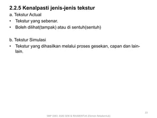2.2.5 Kenalpasti jenis-jenis tekstur 
a. Tekstur Actual 
• Tekstur yang sebenar. 
• Boleh dilihat(tampak) atau di sentuh(sentuh) 
b. Tekstur Simulasi 
• Tekstur yang dihasilkan melalui proses gesekan, capan dan lain-lain. 
SMP 1043- ASAS SENI & REKABENTUK (Elemen Rekabentuk) 
23 
 