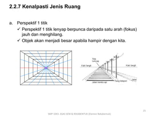 2.2.7 Kenalpasti Jenis Ruang 
a. Perspektif 1 titik 
 Perspektif 1 titik lenyap berpunca daripada satu arah (fokus) 
jauh dan menghilang. 
 Objek akan menjadi besar apabila hampir dengan kita. 
SMP 1043- ASAS SENI & REKABENTUK (Elemen Rekabentuk) 
25 
 