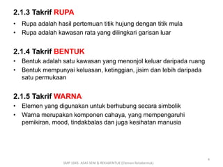 2.1.3 Takrif RUPA 
• Rupa adalah hasil pertemuan titik hujung dengan titik mula 
• Rupa adalah kawasan rata yang dilingkari garisan luar 
2.1.4 Takrif BENTUK 
• Bentuk adalah satu kawasan yang menonjol keluar daripada ruang 
• Bentuk mempunyai keluasan, ketinggian, jisim dan lebih daripada 
satu permukaan 
2.1.5 Takrif WARNA 
• Elemen yang digunakan untuk berhubung secara simbolik 
• Warna merupakan komponen cahaya, yang mempengaruhi 
pemikiran, mood, tindakbalas dan juga kesihatan manusia 
SMP 1043- ASAS SENI & REKABENTUK (Elemen Rekabentuk) 
4 
 