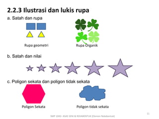 2.2.3 Ilustrasi dan lukis rupa 
a. Satah dan rupa 
Rupa geometri Rupa Organik 
b. Satah dan nilai 
c. Poligon sekata dan poligon tidak sekata 
SMP 1043- ASAS SENI & REKABENTUK (Elemen Rekabentuk) 
11 
Poligon Sekata Poligon tidak sekata 
 