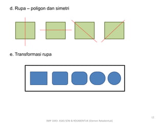 d. Rupa – poligon dan simetri 
e. Transformasi rupa 
SMP 1043- ASAS SENI & REKABENTUK (Elemen Rekabentuk) 
12 
 