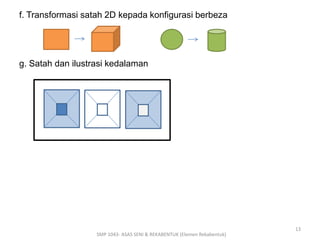 f. Transformasi satah 2D kepada konfigurasi berbeza 
g. Satah dan ilustrasi kedalaman 
SMP 1043- ASAS SENI & REKABENTUK (Elemen Rekabentuk) 
13 
 
